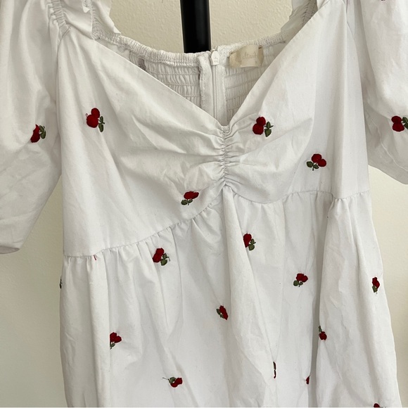 Altar'd State Cherry Embroidery White Mini Puff Sleeves Babydoll Dress - Picture 6 of 9